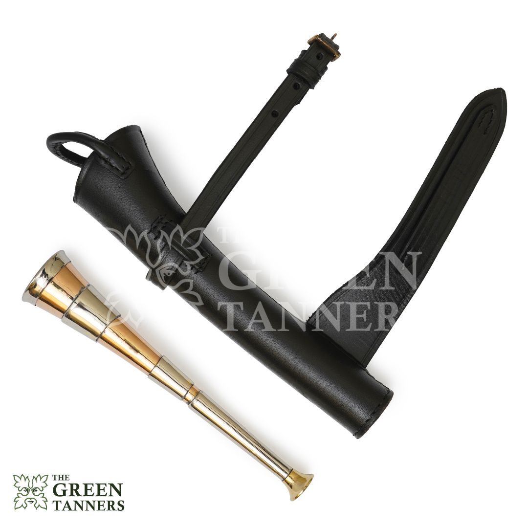 fox hunting horn, leather case