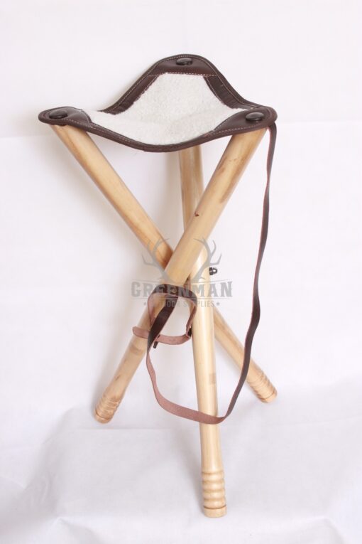 wool camping stool, wooden frame camping stool, foldable camping stool, tripod camping stool