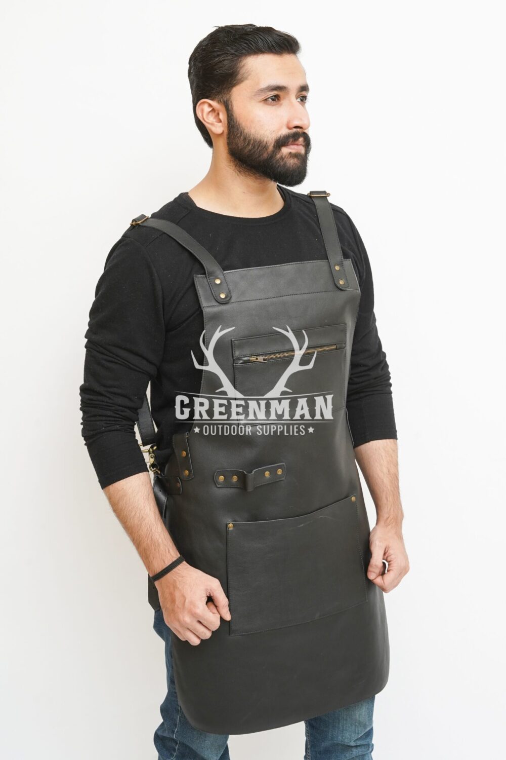 Black Leather Apron for Work - Multiple Pockets and Adjustable Straps - Image 3