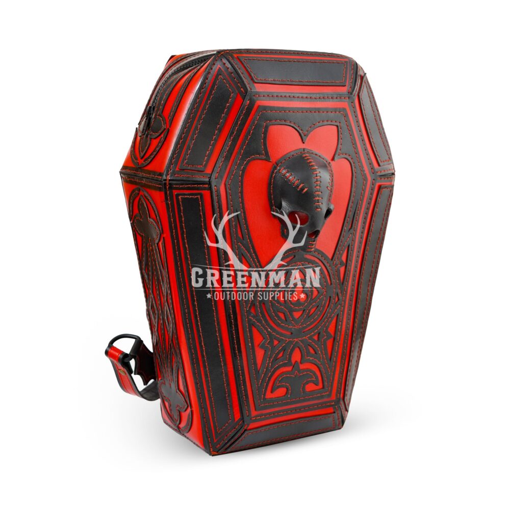 Genuine Leather Coffin Backpack | Black with Red Steampunk Backpack - Image 2