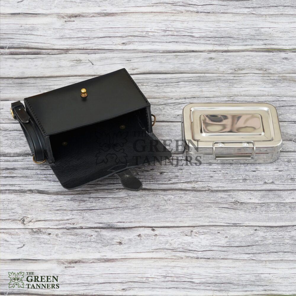 Stainless Steel Sandwich Tin with Leather Case - Black