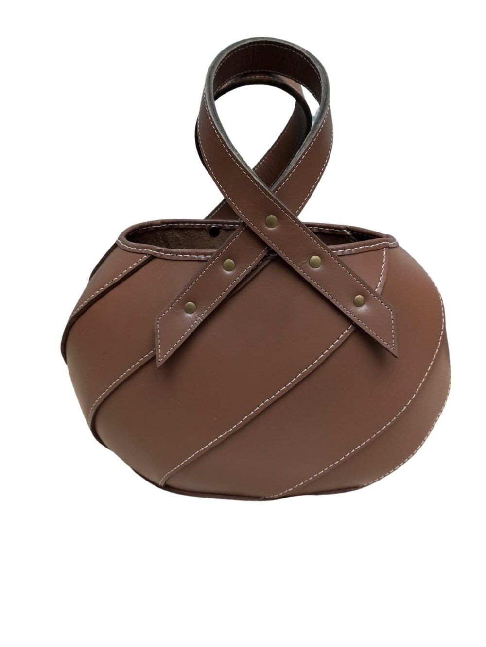 Round Leather Tote Bag | Brown Leather Bag for Women