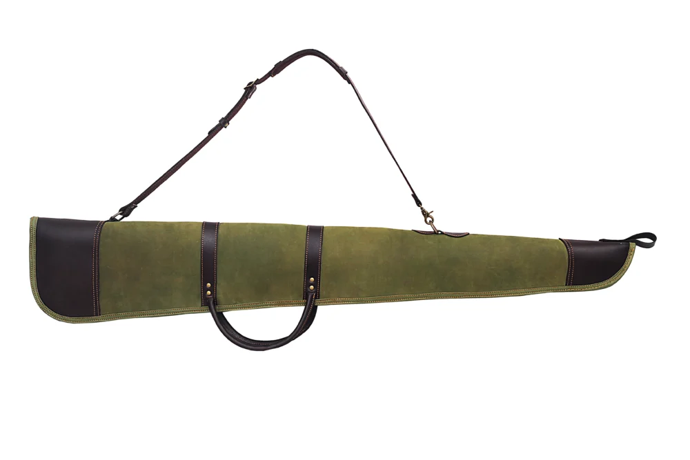 Canvas and Leather Shotgun Case,Green Canvas Shotgun Bag with Leather Trim,Heavy Duty Canvas Shotgun Slip,Vintage Style Canvas Shotgun Case,Hunting Shotgun Carry Case with Leather Accents,Field Grade Canvas Shotgun Case