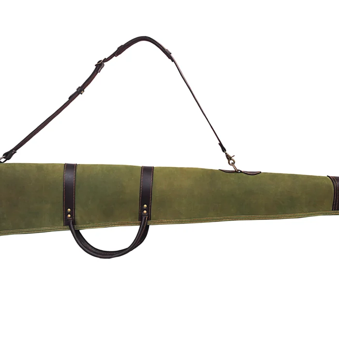 Canvas and Leather Shotgun Case,Green Canvas Shotgun Bag with Leather Trim,Heavy Duty Canvas Shotgun Slip,Vintage Style Canvas Shotgun Case,Hunting Shotgun Carry Case with Leather Accents,Field Grade Canvas Shotgun Case