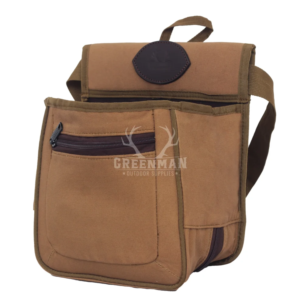 Open top cartridge bag filled with red shotgun shells