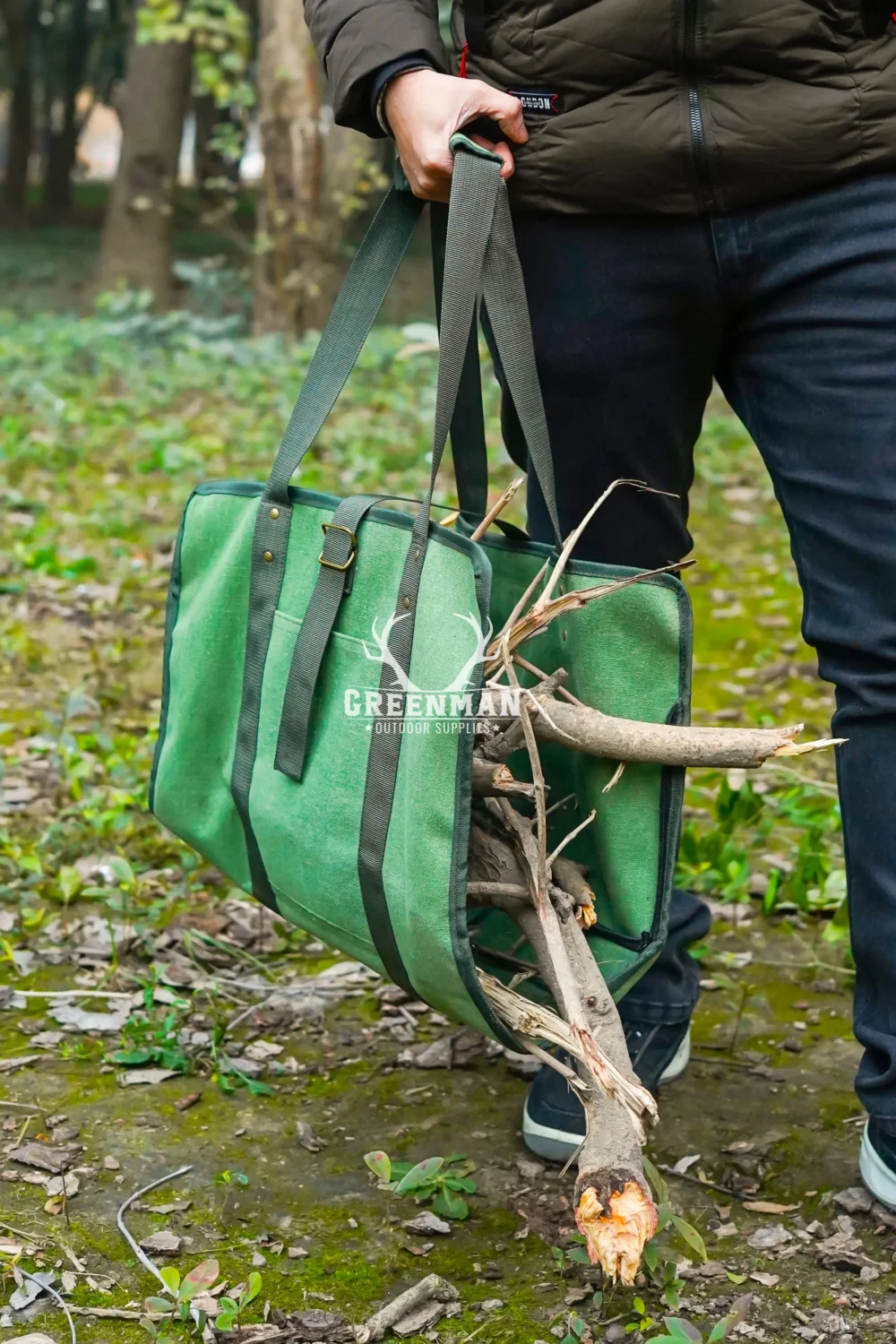 Canvas Log Carrier with Handle, Heavy Duty Firewood Carrier Bag, Foldable Canvas Log Carrier Strap, Firewood Carrier with Adjustable Belt, Jungle Green Canvas Wood Carrier, canvas carrier wood holder, canvas carrier for hunters