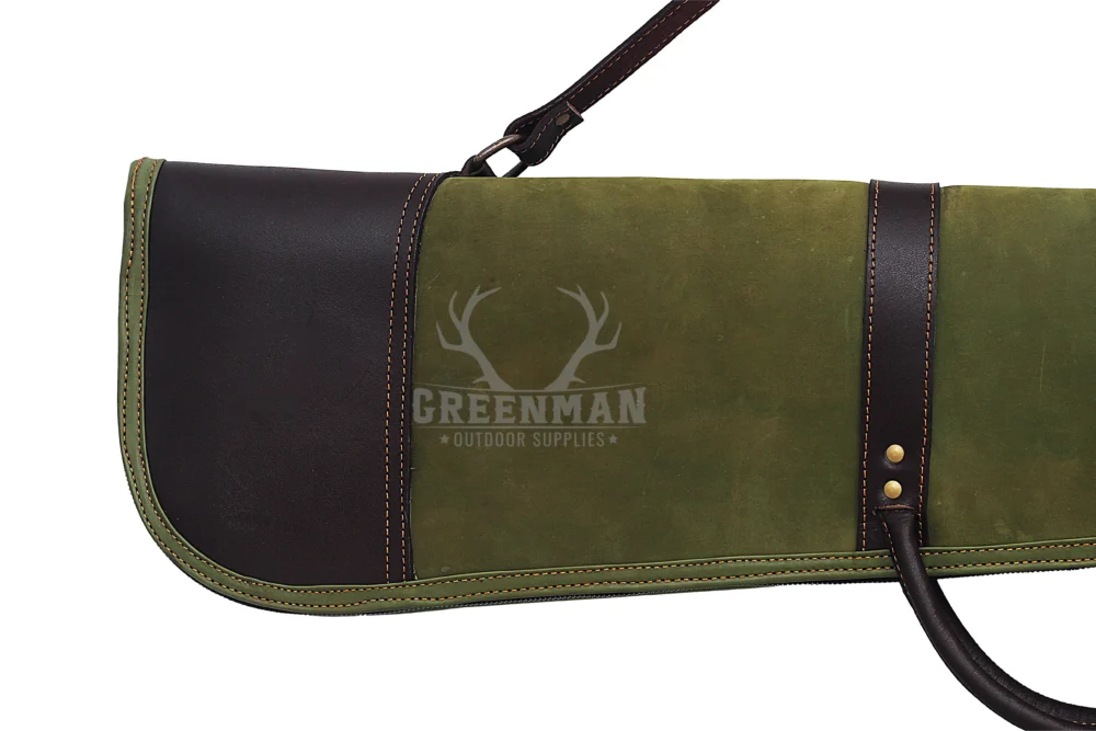 Canvas and Leather Shotgun Case,Green Canvas Shotgun Bag with Leather Trim,Heavy Duty Canvas Shotgun Slip,Vintage Style Canvas Shotgun Case,Hunting Shotgun Carry Case with Leather Accents,Field Grade Canvas Shotgun Case