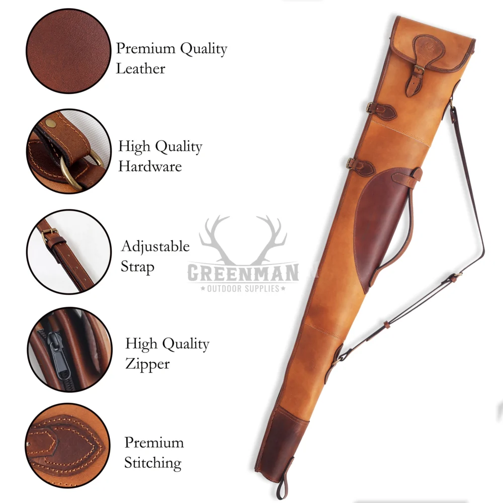 leather shotgun scabbard with shearling lining,full-grain leather 12-gauge shotgun case,brown leather scabbard for hunting shotguns,adjustable strap leather shotgun case,YKK zipper leather firearm scabbard