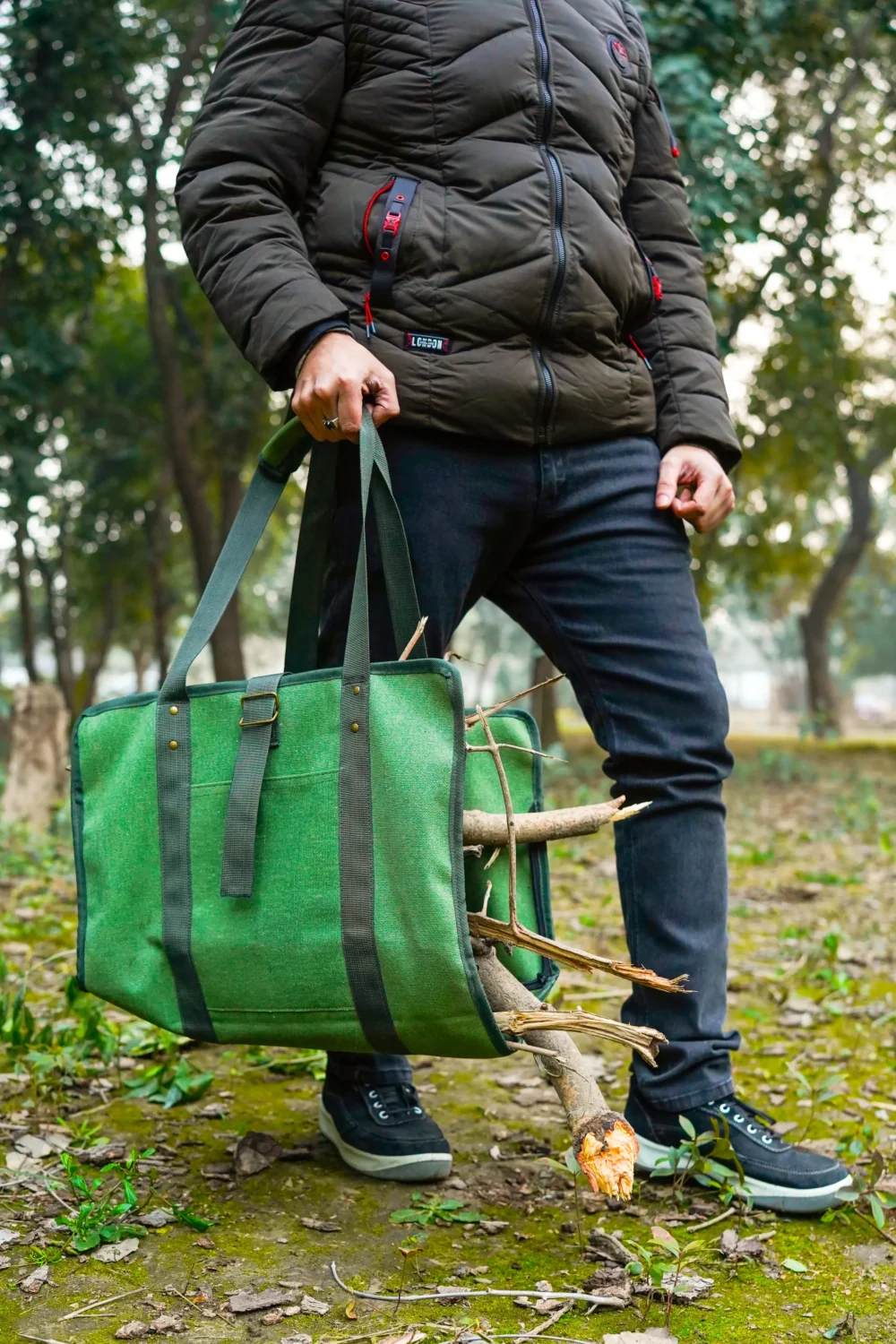 Canvas Log Carrier with Handle, Heavy Duty Firewood Carrier Bag, Foldable Canvas Log Carrier Strap, Firewood Carrier with Adjustable Belt, Jungle Green Canvas Wood Carrier, canvas carrier wood holder, canvas carrier for hunters