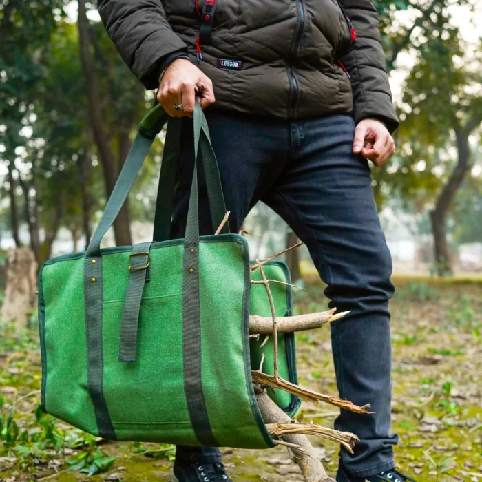 Canvas Log Carrier with Handle,Heavy Duty Firewood Carrier Bag,Canvas Firewood Tote for Indoor Use,Foldable Canvas Log Carrier Strap,Firewood Carrier with Adjustable Belt,Jungle Green Canvas Wood Carrier