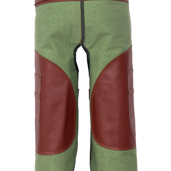 Genuine Leather Canvas Farrier Apron Front View, Farrier Apron with Adjustable Leg and Waist Straps, Canvas Farrier Apron with Tool Pockets and Buckles, Heavy-Duty Farrier Apron for Hoof Care Professionals, Green Canvas and Brown Leather Farrier Apron