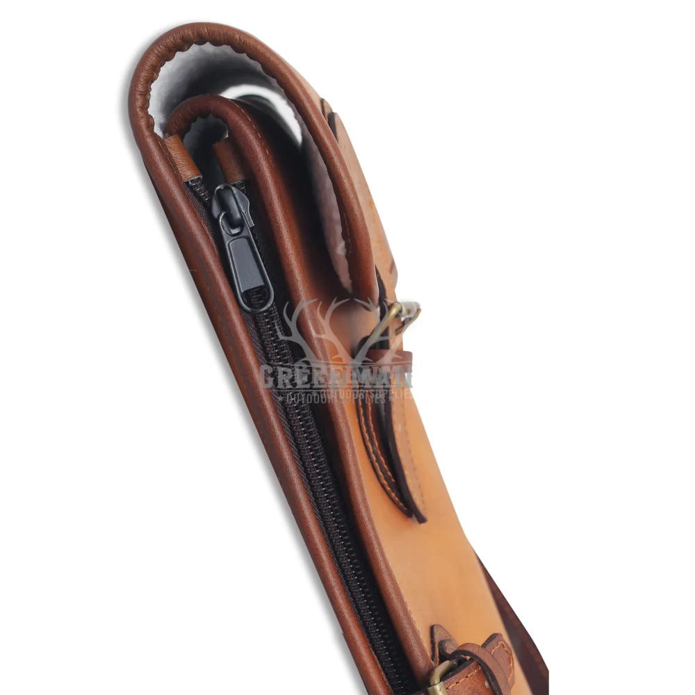 leather shotgun scabbard with shearling lining,full-grain leather 12-gauge shotgun case,brown leather scabbard for hunting shotguns,adjustable strap leather shotgun case,YKK zipper leather firearm scabbard