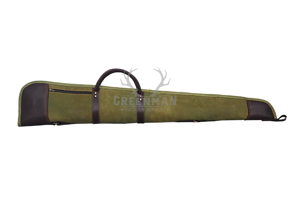 Canvas and Leather Shotgun Case,Green Canvas Shotgun Bag with Leather Trim,Heavy Duty Canvas Shotgun Slip,Vintage Style Canvas Shotgun Case,Hunting Shotgun Carry Case with Leather Accents,Field Grade Canvas Shotgun Case