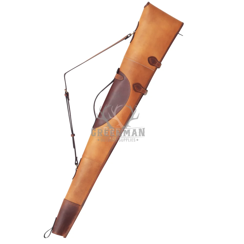leather shotgun scabbard with shearling lining,full-grain leather 12-gauge shotgun case,brown leather scabbard for hunting shotguns,adjustable strap leather shotgun case,YKK zipper leather firearm scabbard