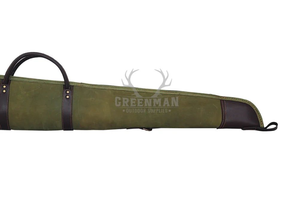Canvas and Leather Shotgun Case,Green Canvas Shotgun Bag with Leather Trim,Heavy Duty Canvas Shotgun Slip,Vintage Style Canvas Shotgun Case,Hunting Shotgun Carry Case with Leather Accents,Field Grade Canvas Shotgun Case