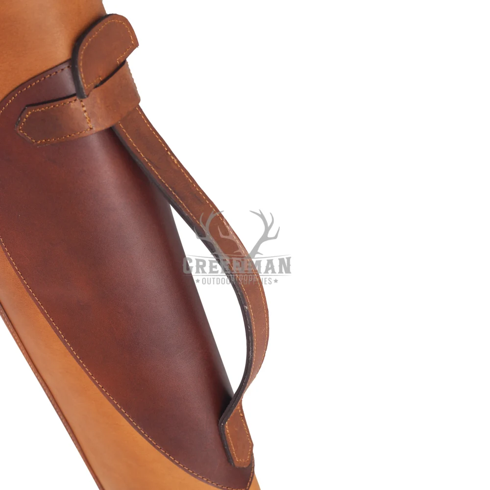 leather shotgun scabbard with shearling lining,full-grain leather 12-gauge shotgun case,brown leather scabbard for hunting shotguns,adjustable strap leather shotgun case,YKK zipper leather firearm scabbard