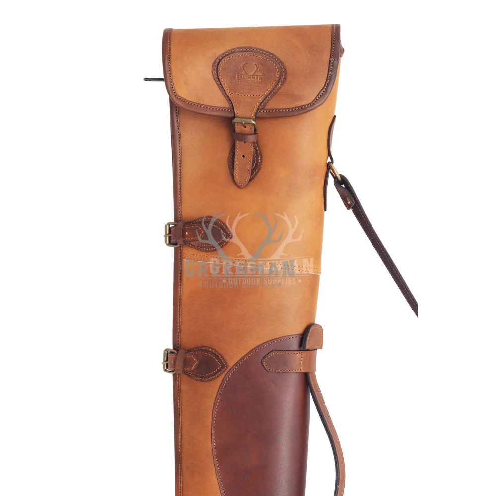 leather shotgun scabbard with shearling lining,full-grain leather 12-gauge shotgun case,brown leather scabbard for hunting shotguns,adjustable strap leather shotgun case,YKK zipper leather firearm scabbard