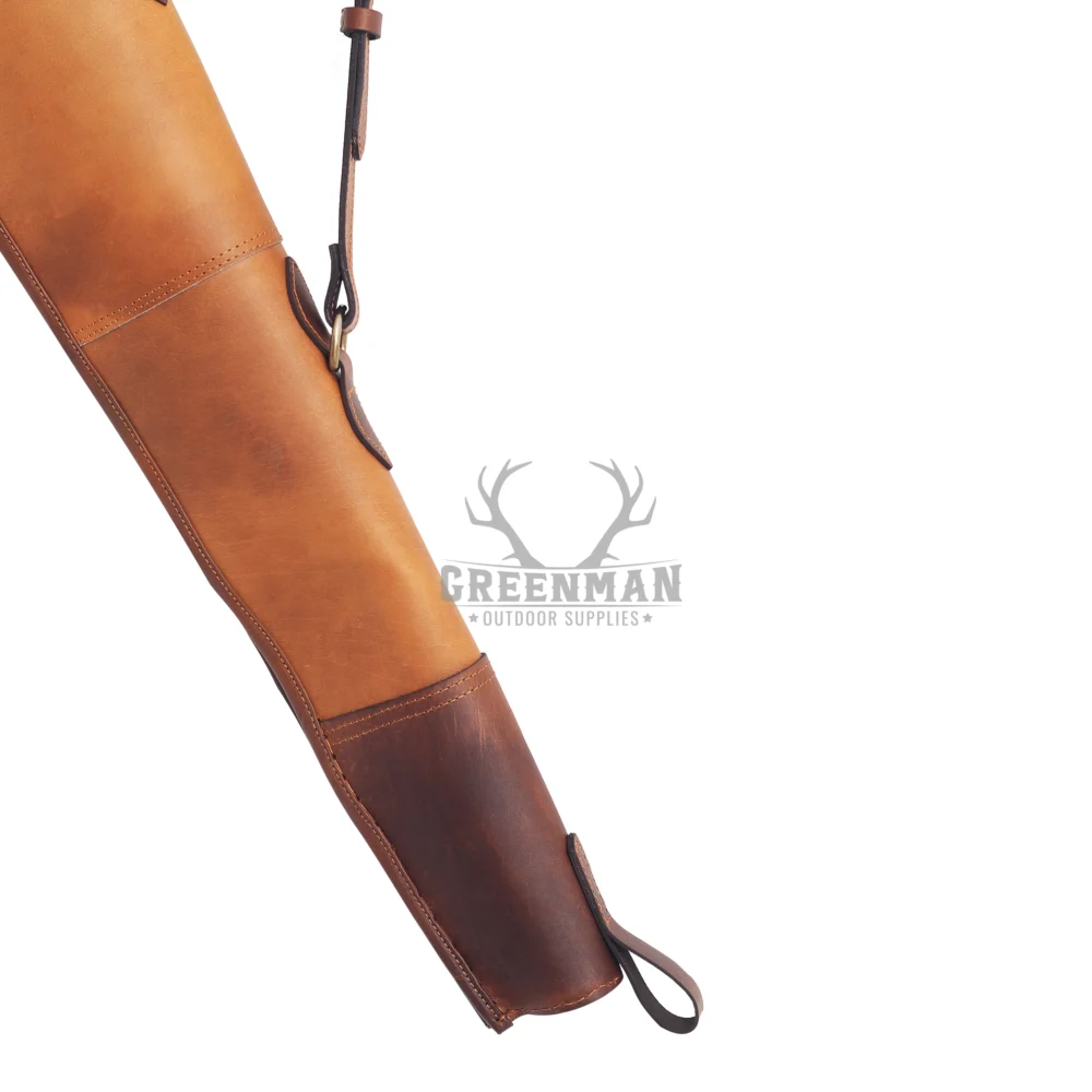 leather shotgun scabbard with shearling lining,full-grain leather 12-gauge shotgun case,brown leather scabbard for hunting shotguns,adjustable strap leather shotgun case,YKK zipper leather firearm scabbard