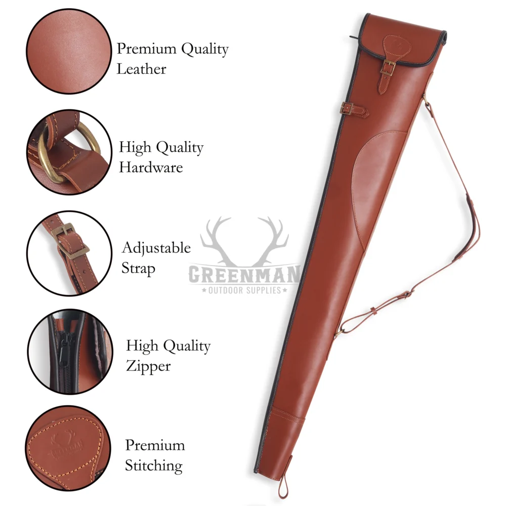 Leather Rifle Case with Adjustable Shoulder Strap,Genuine Leather Rifle Case in Dark Brown,Handcrafted Leather Gun Case for Long Rifle,Scalloped Opening Rifle Case Made of Real Leather,Leather Rifle Case with Brass Buckles