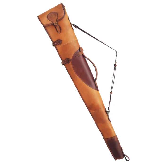 leather shotgun scabbard with shearling lining,full-grain leather 12-gauge shotgun case,brown leather scabbard for hunting shotguns,adjustable strap leather shotgun case,YKK zipper leather firearm scabbard